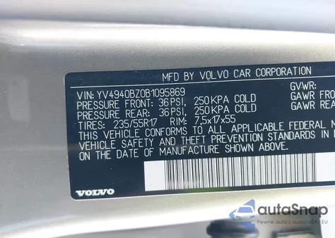 2011 Volvo Xc70 3.2 из США, поврежденный, VIN YV4940BZ0B1095869